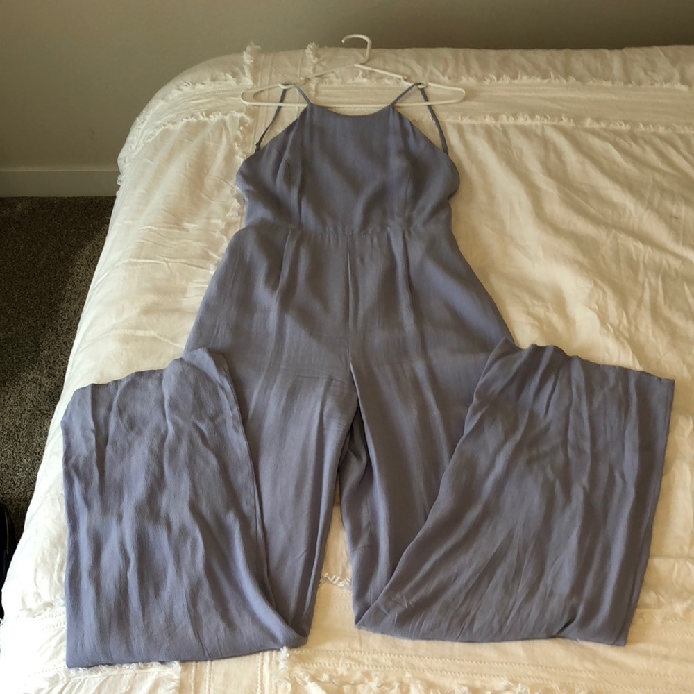 Wide leg blue/violet jumpsuit with open back